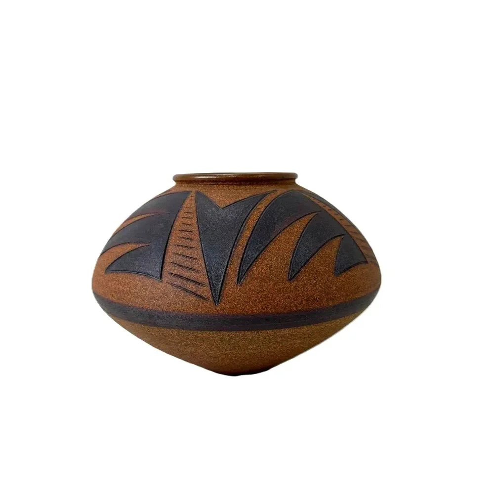 Vintage Steve Dominguez Vase Mid Century Geometric Design Brown Stoneware Vessel